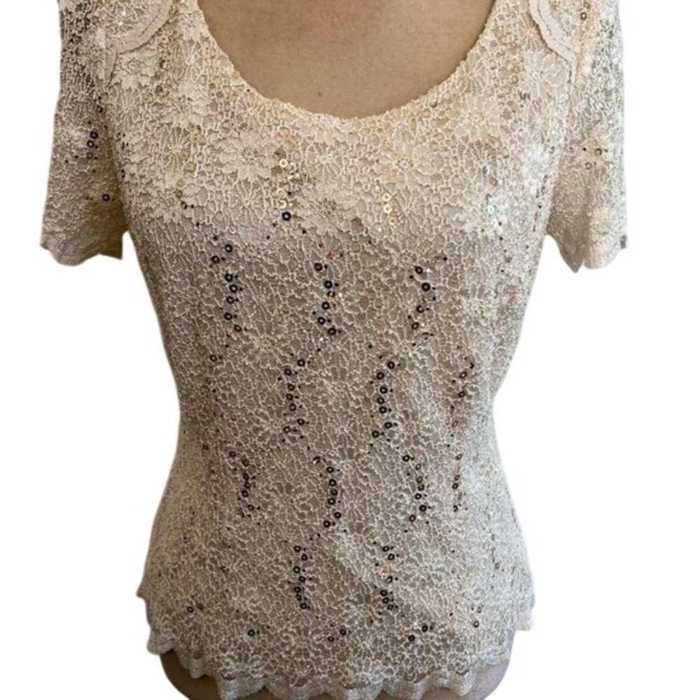 Jacques Vert Petite Cream Lace Sequin Scoop Neck Short Sleeve Top Blouse‎